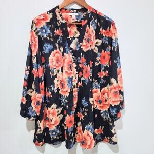 Charter Club Women Blue Floral V Neck Button Up Blouse Size 2X Flowy Romantic